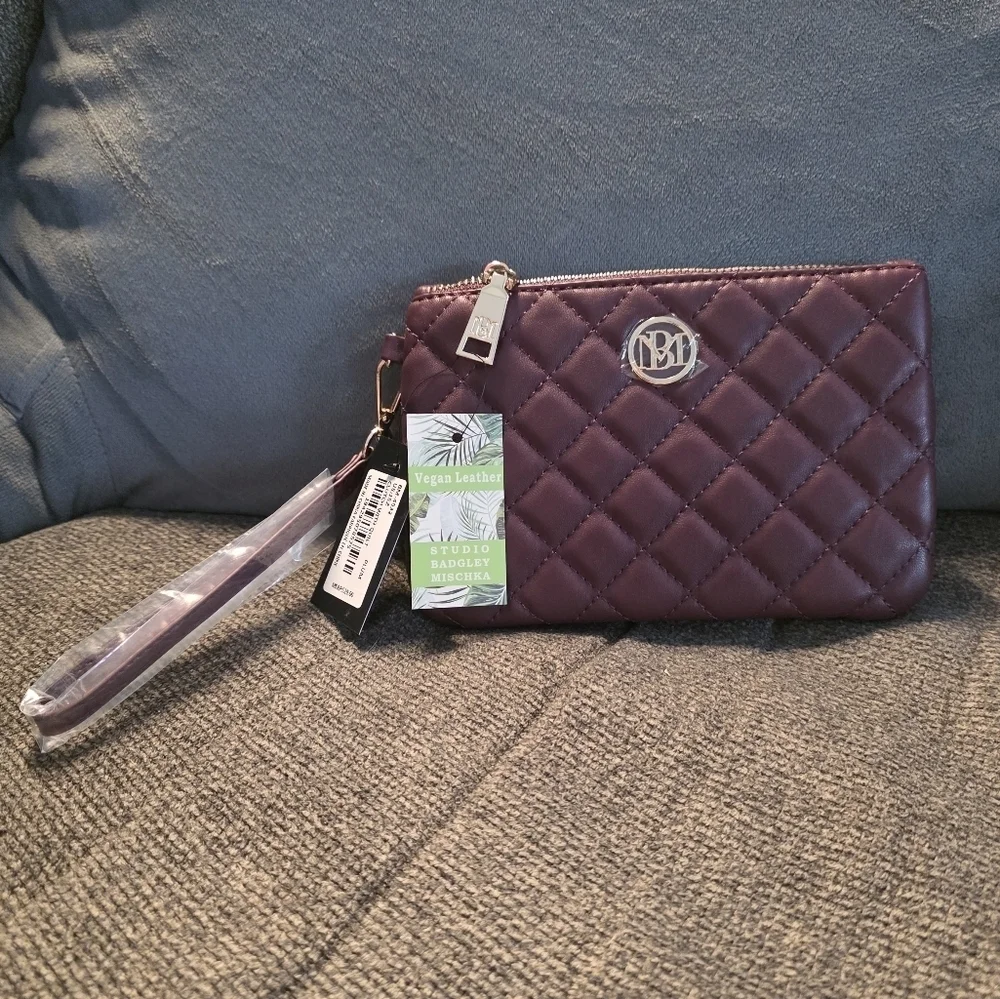 Badgley Mischka Quilted Wristlet - Plum With Gold Hardware